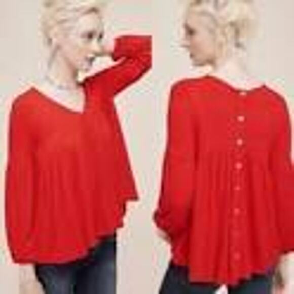 Anthro Eri + Ali Red Bell Sleeve Baby Doll Peasant Top Blouse Small S - Picture 1 of 6